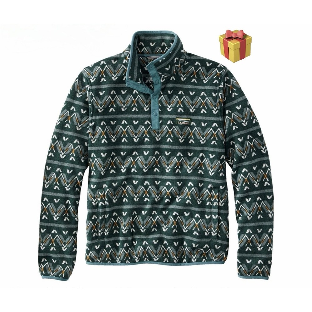 L.L.Bean Men's XL AOP Fleece 1/4 Snap Mountain‎ Geo Pine Green Christmas Cozy